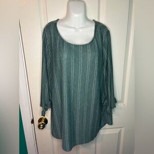 W5 Green White Striped Ruffle Sleeve Scoop Neck Tunic Blouse 1X